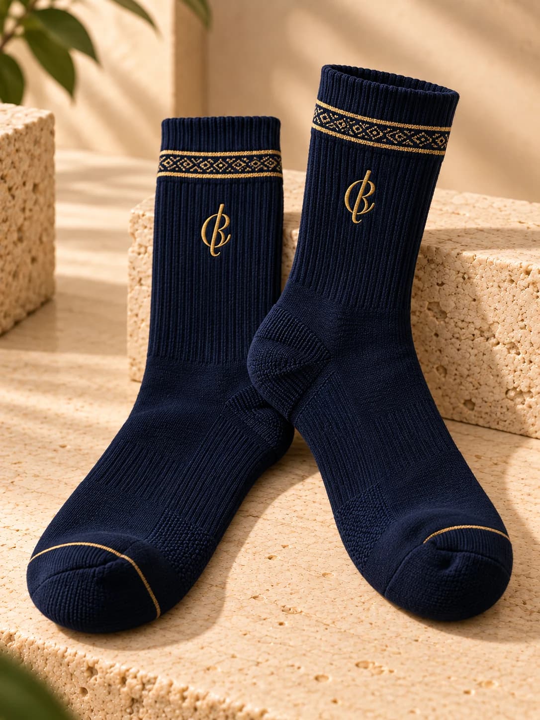 Navy RELEC crew socks with gold-toned detailing