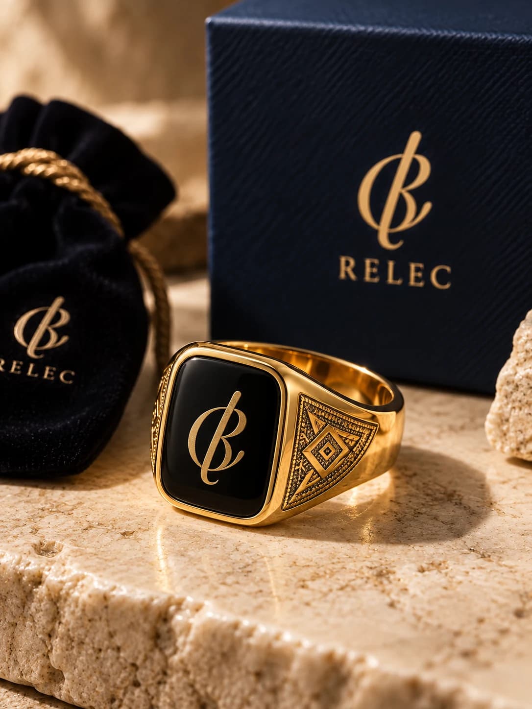 Gold-toned RELEC signet ring beside its presentation box