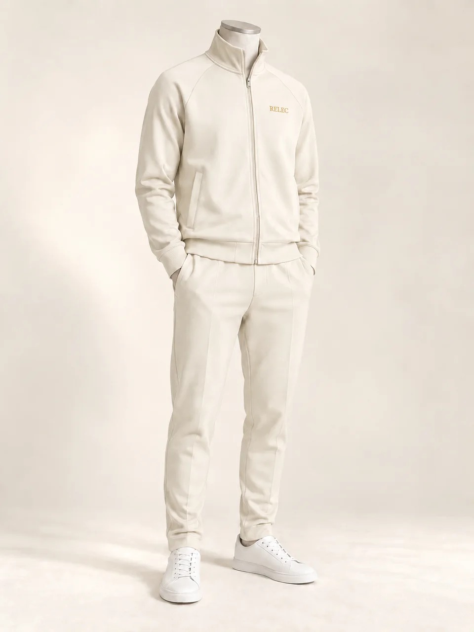 AI-generated Continuum Tracksuit Cream concept — small chest embroidery. Unproduced; final specifications subject to change.