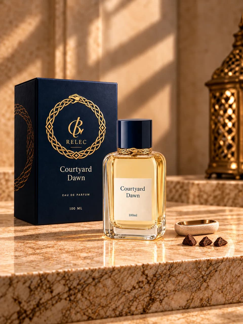 AI-generated Courtyard Dawn 100ml concept — miniature set with wrapping neck band. Unproduced; final specifications subject to change.