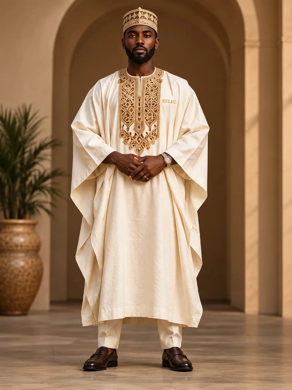 AI-generated Gidan Noma Agbada concept — small chest embroidery. Unproduced; final specifications subject to change.