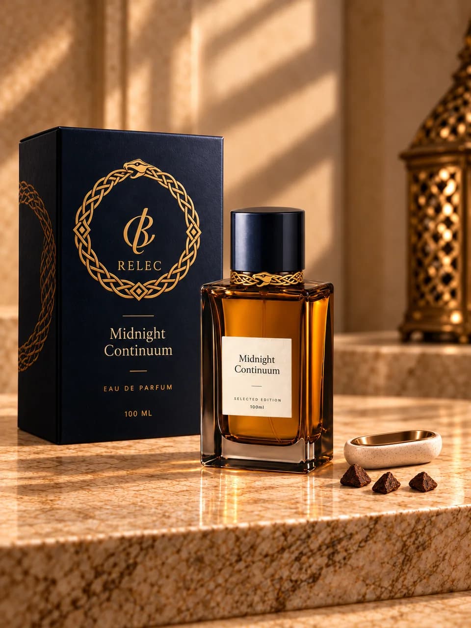 AI-generated Midnight Continuum 100ml concept — miniature set with wrapping neck band. Unproduced; final specifications subject to change.