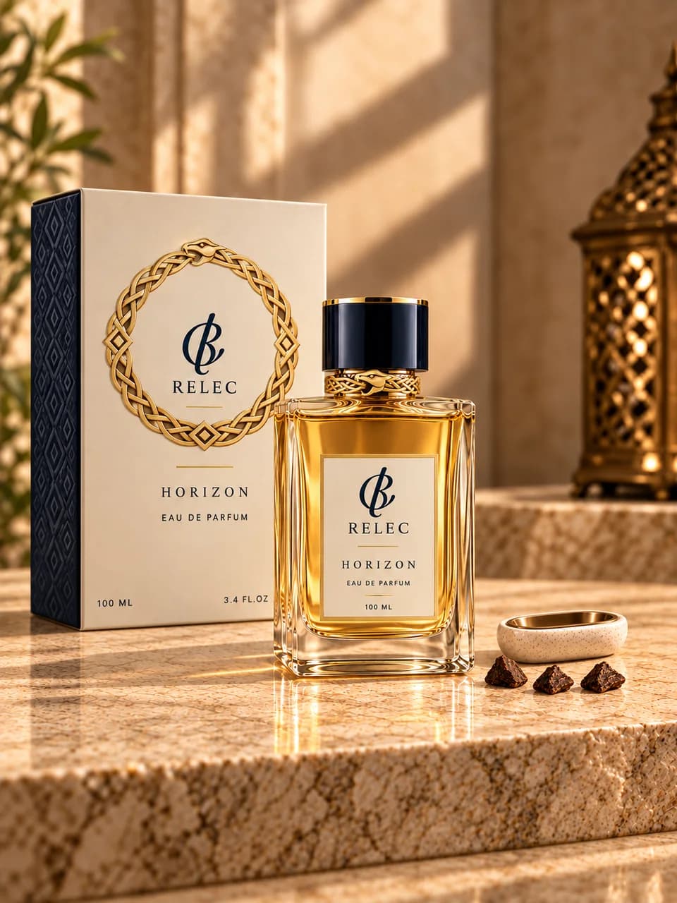 AI-generated RELEC Horizon Eau de Parfum 100ml concept — miniature set with wrapping neck band. Unproduced; final specifications subject to change.