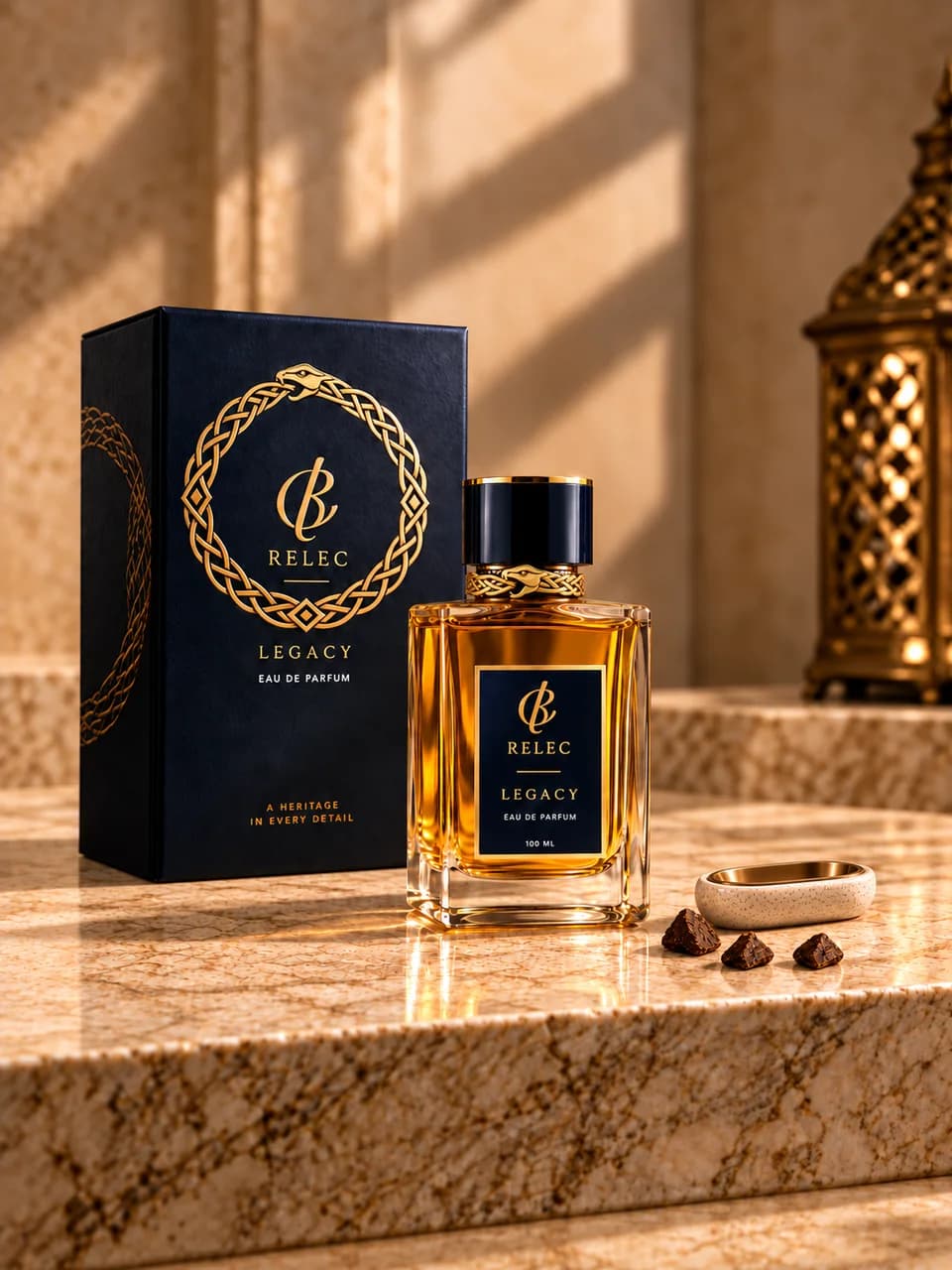 AI-generated RELEC Legacy Eau de Parfum 100ml concept — miniature set with wrapping neck band. Unproduced; final specifications subject to change.