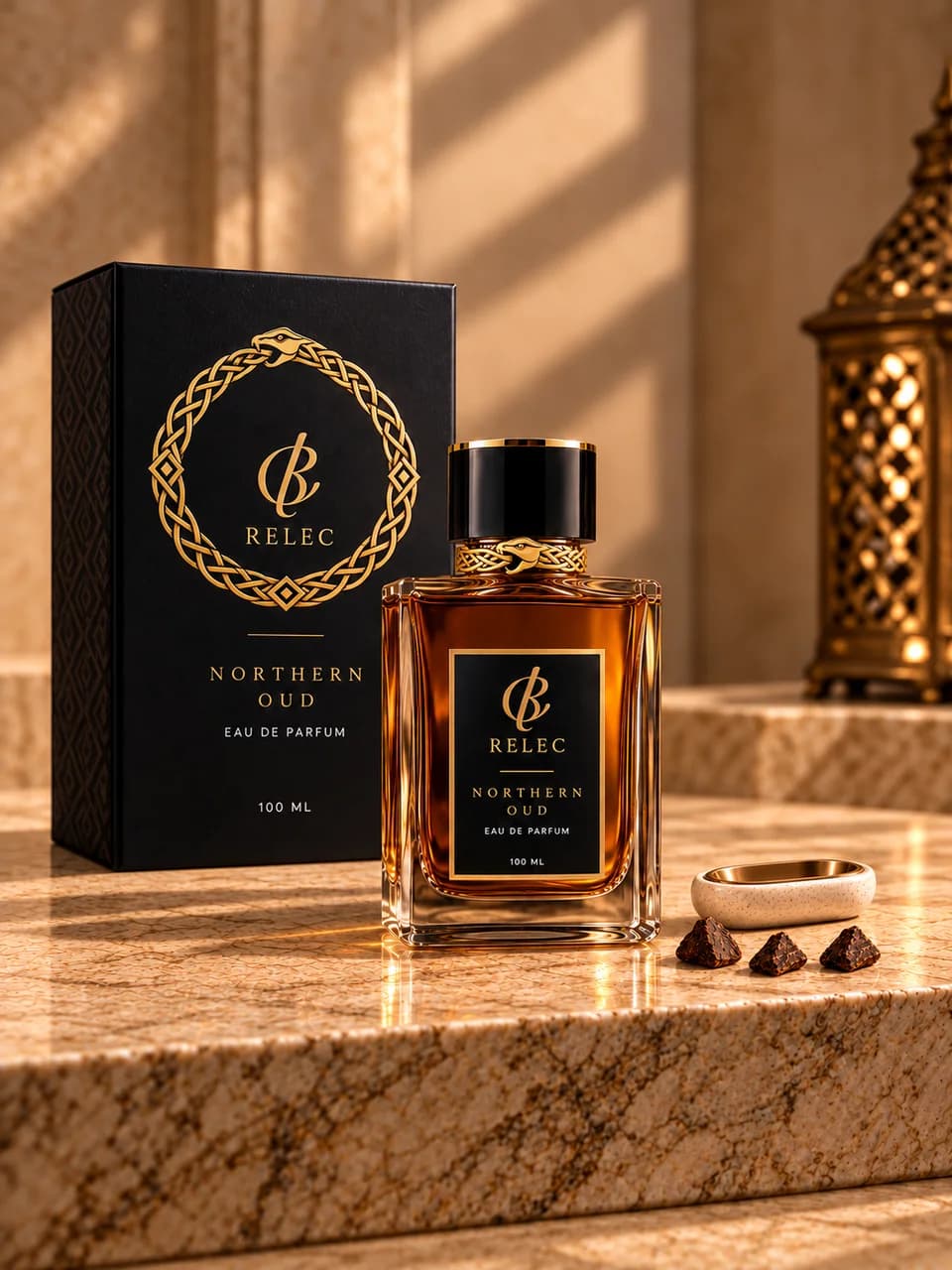 AI-generated RELEC Northern Oud Eau de Parfum 100ml concept — miniature set with wrapping neck band. Unproduced; final specifications subject to change.