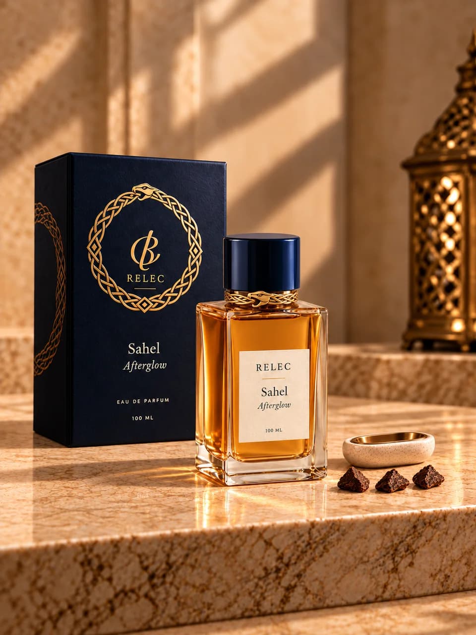 AI-generated Sahel Afterglow 100ml concept — miniature set with wrapping neck band. Unproduced; final specifications subject to change.