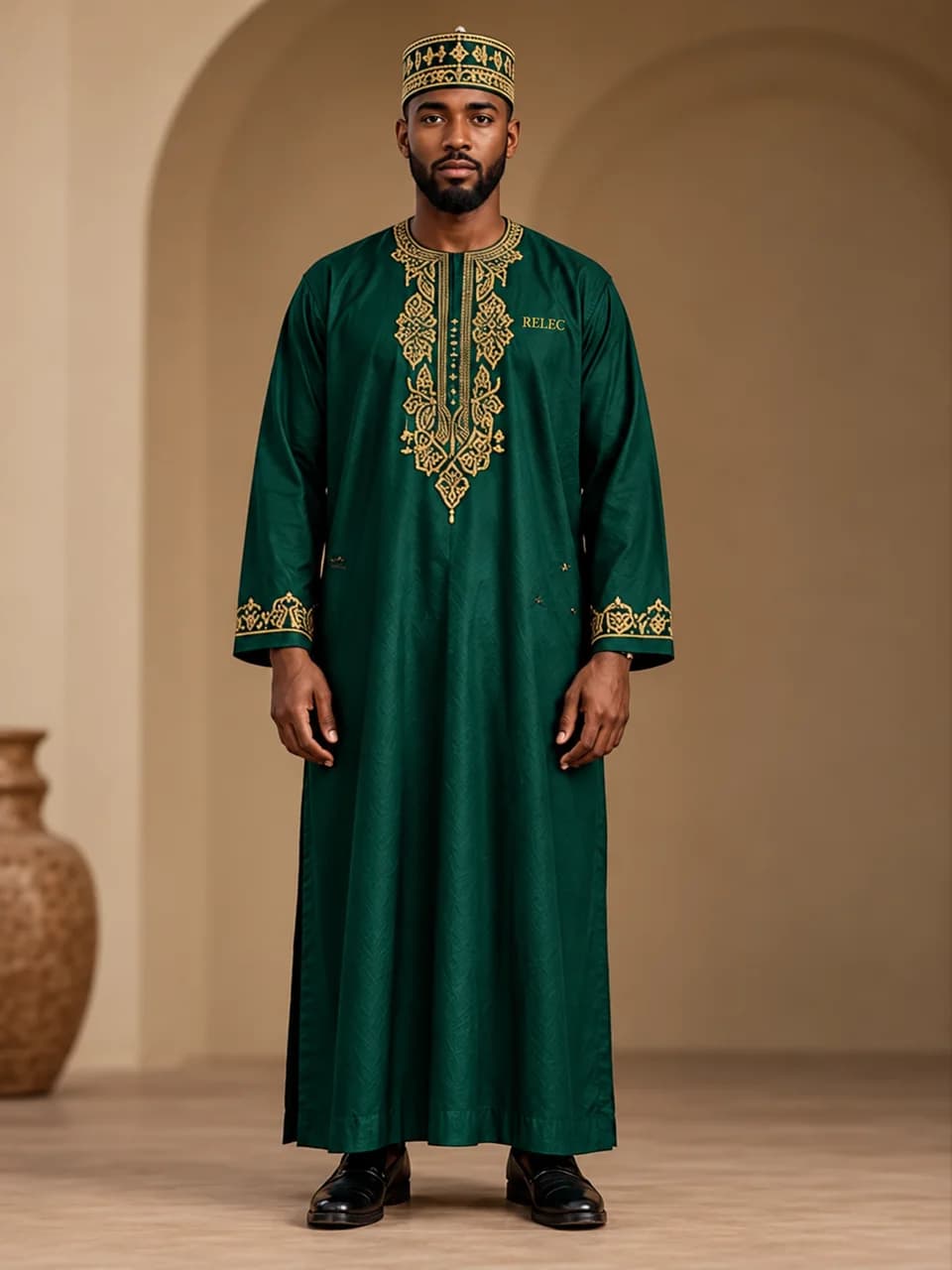 AI-generated Zamani Kaftan concept — small chest embroidery. Unproduced; final specifications subject to change.