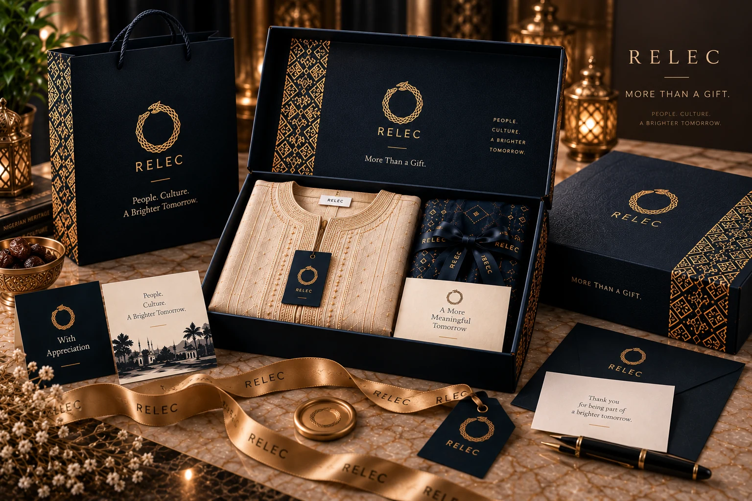 Open navy RELEC gift box with cream lining, garment presentation and Ouroboros-led packaging
