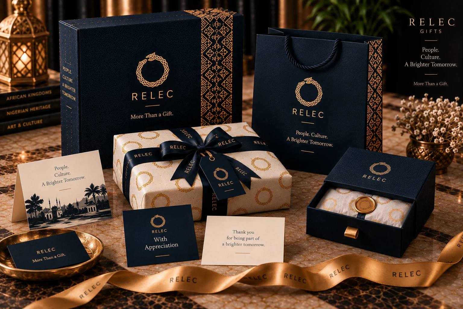 RELEC packaging presentation with cream tissue, navy ribbon, seal and gift tag