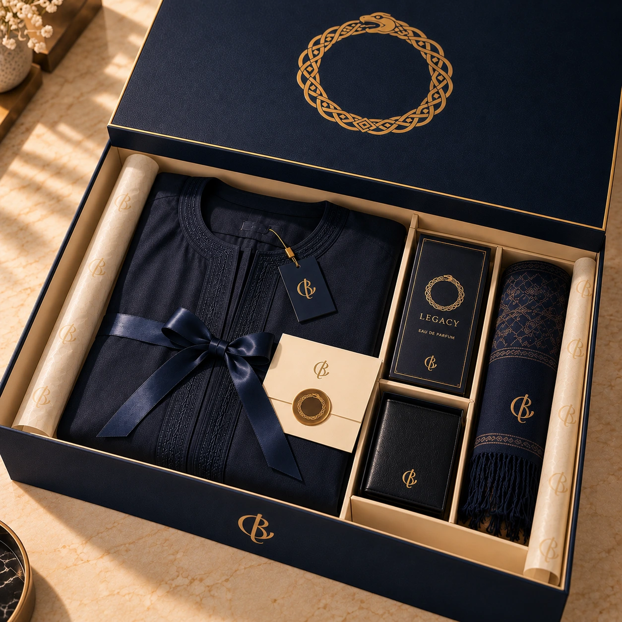 Grand Box interior with navy garment, RELEC Legacy Eau de Parfum, mufla, leather accessory and cream message envelope
