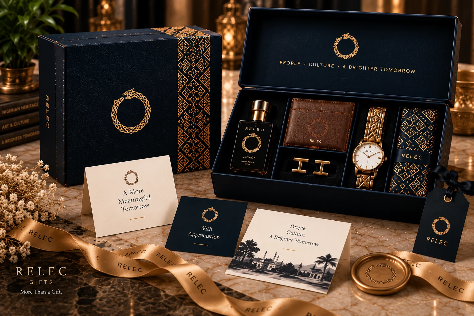RELEC navy packaging with fragrance and accessory presentation